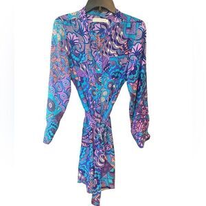 Alice & Trixie Sz S Purple Blue Paisley Silk Long Sleeve Button Down Party Dress